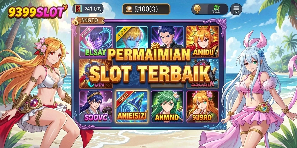 Tampilan dinamis gameplay <strong>9399SLOT</strong> dengan karakter anime yang menarik.