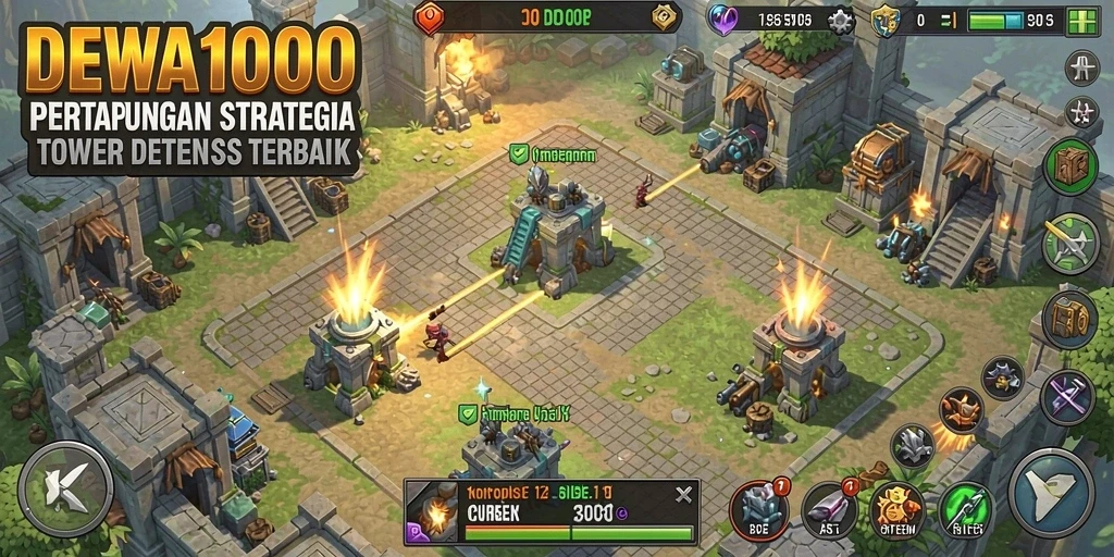 Screenshot gameplay DEWA1000 menampilkan aksi menara bertahan yang menegangkan.