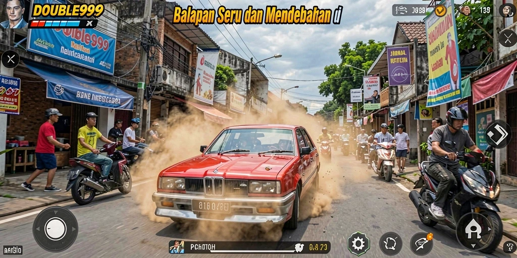 Tampilan mendebarkan dari gameplay balapan DOUBLE999 di jalanan.