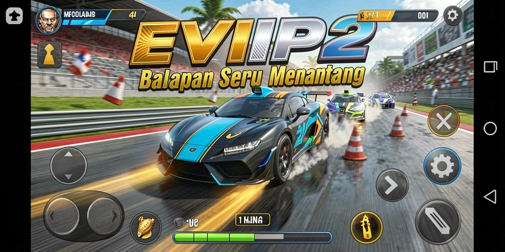 Screenshot gameplay EVIP2 menampilkan momen balapan yang mendebarkan.