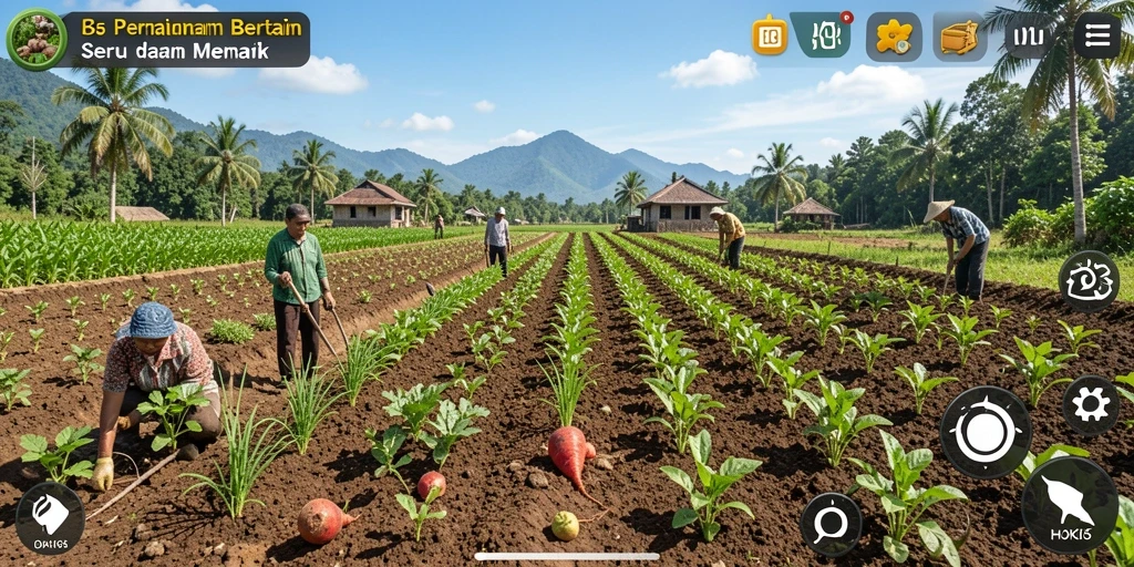 Screenshot HOKI65 menampilkan petani mengelola ladang hijau yang subur.