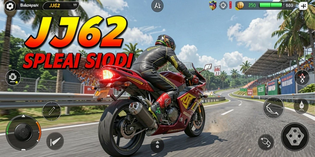 Screenshot JJ62 menampilkan balapan epik dengan sepeda motor yang cepat.
