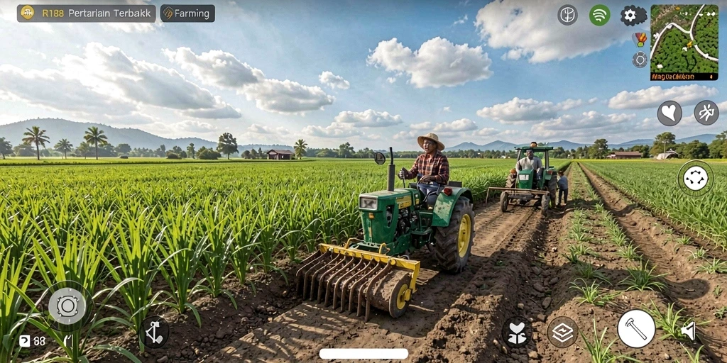 Screenshot gameplay RI188 menampilkan petani yang merawat ladangnya.